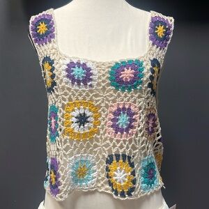 REBELLION Crochet Tank Top Boho Floral Patchwork Crop Top SZ L